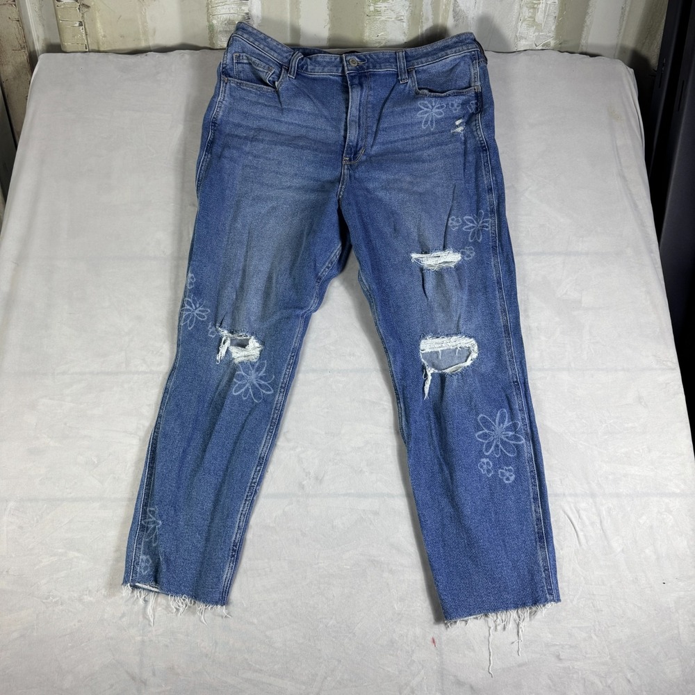 Hollister Womens Mom Jeans Blue Distressed Denim Floral Ultra High-Rise Logo 17R